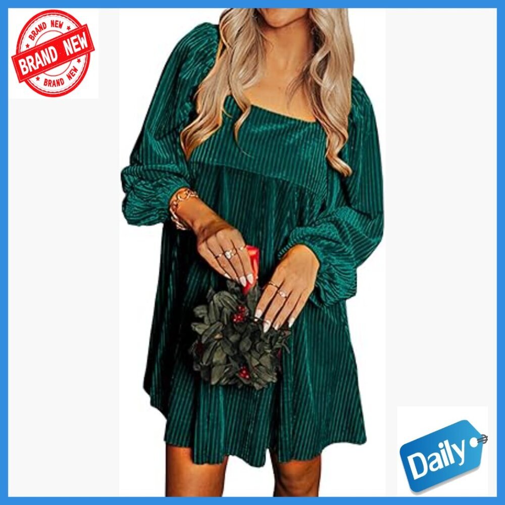 Velvet Babydoll Shift Dress Long Sleeve Square Neck Loose Fit Mini